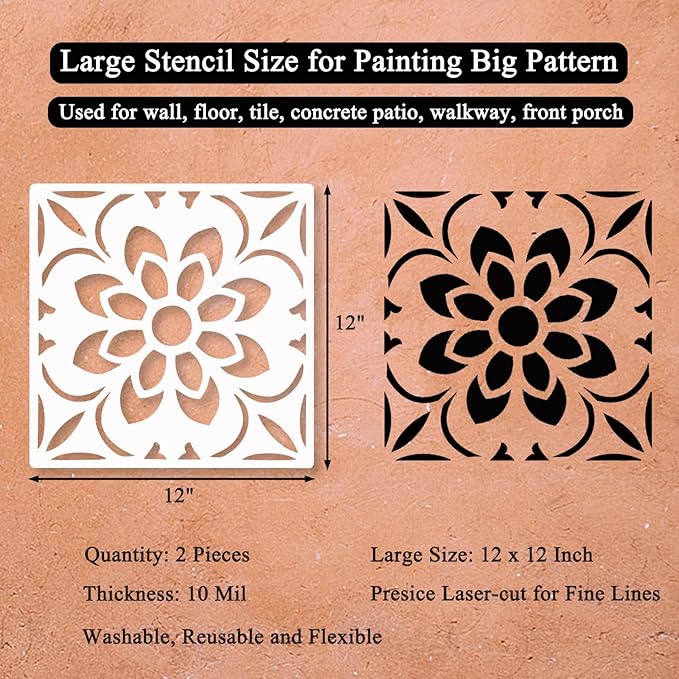 Large Stencils for Painting Floor, Tile, Walkway, Patio, Front Porch, Reusable Floor Stencil Tile Stencil Wall Stencils, 2-Pack, 12x12 Inches, Sunflower Pattern