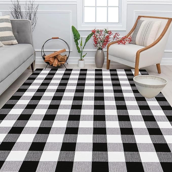 Buffalo Plaid Outdoor Rug, 4' x 6' Black and White Check Indoor/Outdoor Area Rugs, Layering Rug for Hello/Welcome Door Mat, Washable Cotton Woven Farmhouse Mat for Fall Front Porch Décor