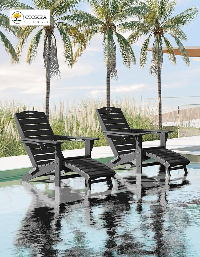 Ciokea Folding Adirondack Chair Set of 6 with Retractable Ottoman Fire Pit Patio Chair with Pull Out Foot Rest Weather Resistant Lawn Outdoor Chair with 2 Cup Holder(Black)