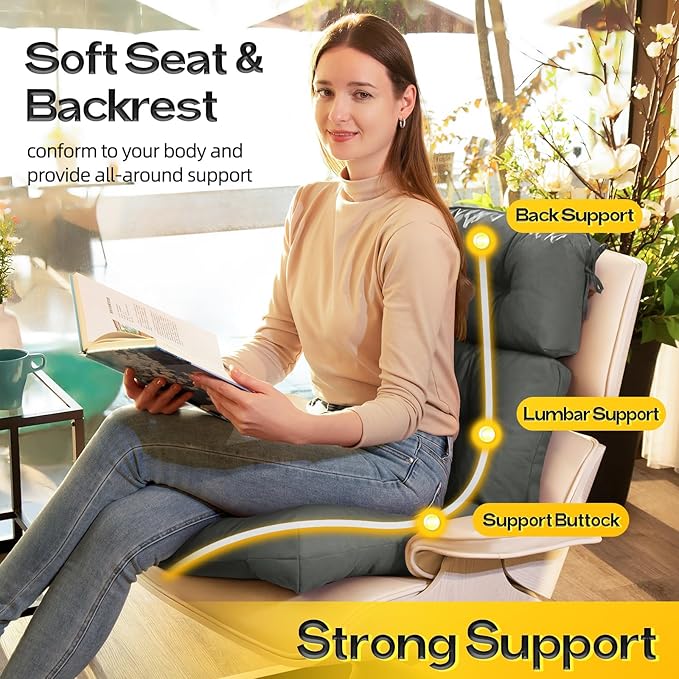 MAGIC ELEPHANT High Back Chair Cushion, Indoor Outdoor Memory Foam Chair Cushion with Ties for Adirondack and Rocking Chair, Waterproof Replacement Patio Cushion for Chair (Grey)