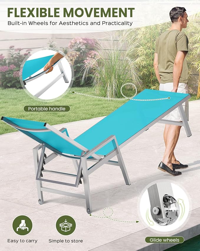 Patio Chaise Lounge Chair Outdoor with Wheels&Armrests, Aluminum Pool Lounge Chairs 5-Position Adjustable Recliner, Outdoor Beach Lounge Chairs for Poolside, Patio, Deck, Yard, Lake Blue
