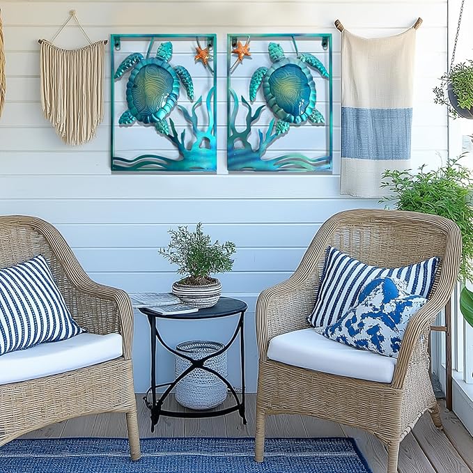 LIFFY Metal Sea Turtle Beach Themed Bathroom Wall Art Decor with Frame-Outdoor Wall Art with LED Fairy Lights, Fish Glass Art Wall Sculpture for Patio,Beach,Garden,Yard,Pool,home gift(2pcs, Blue)