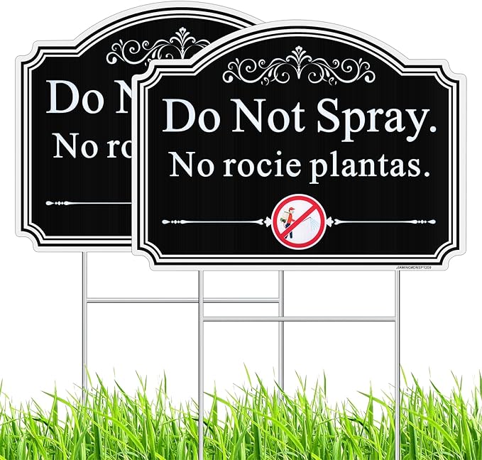 Do Not Spray Yard Signs in English and Spanish. 2 Pack 12.6" x 9.5" No Pesticide Garden Sign, No Spray Bilingual Plant Sign for Yard with Metal Stake, UV Protected, Weatherproof, Easy to Mount.