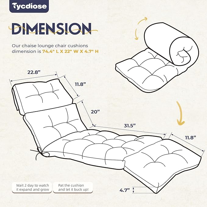 Outdoor Chaise Lounge Chair Cushion Set of 4, Thickened 74.4 x 22 x 4.7 Inches Memory Foam Waterproof Lounge Chair Cushions Replacement for Outdoor Furniture with Ties, Blue