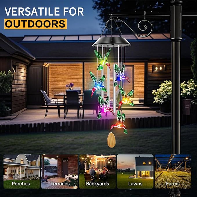 Solar Powered Hummingbird Wind Chimes with 4 Music Aluminum Tubes, Hummingbird Wind Chimes for Outside,Best Gifts for Mom Grandma Women Wife Aunt Sister, Unique Mobile Wind Chime, Garden Yard Decor