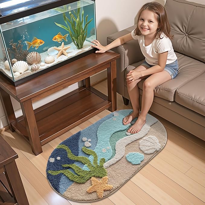 LUMI Beach Bathroom Rugs, Non Slip Bath Mat Ultra Soft Washable Absorbent Quick Dry, Ocean Sea Theme Bath Rug with Starfish Shell for Shower Floor, Kitchen Decor, Kids Room, 22"x34"