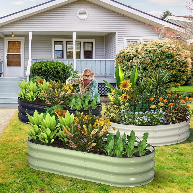 Kesfitt Raised Garden Bed, 5x2x1 FT Galvanized Steel Metal Raised Garden Bed, Oval Open-Bottom Design, 12-Inch Deep for Outdoor Vegetable & Herb Gardening, Fruit Green
