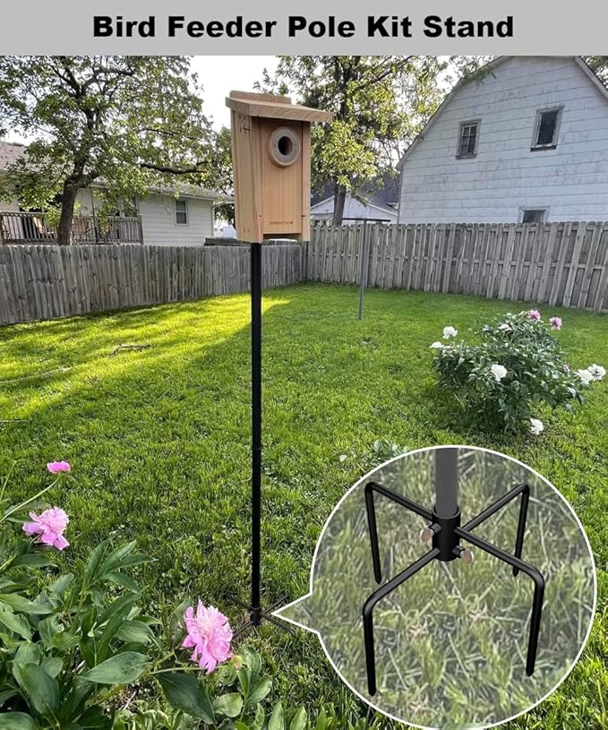Garbuildman Pole Stabilizer Stand Base with 4 Prongs for Outdoor Bird Feeder Pole, In-Ground Support Applies to 0.74” to 1.1” Shepherds Hook, Black, 1 Pack, Measure Before Purchase