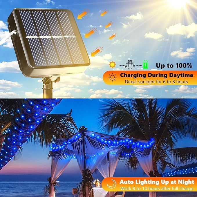 Lomotech Solar String Lights Outdoor - 2 Pack Total 66ft 200LED Solar Fairy Lights Waterproof 8 Modes Twinkle Lights for Outdoor, Patio, Garden, Yard, Party, Wedding, Tree Decoration (Blue)