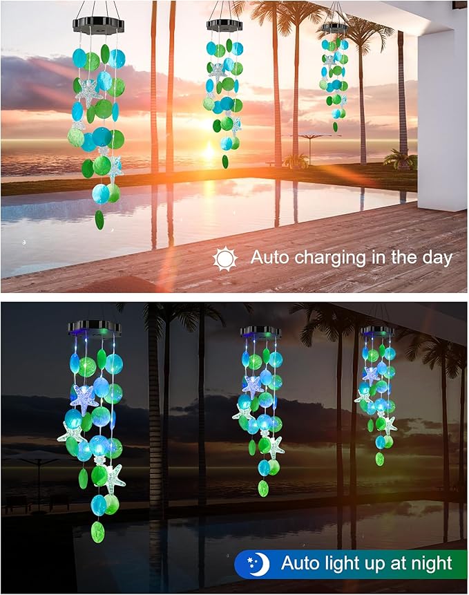 Solar Wind Chimes Decorative Lights for Outside, Hanging Lights for Holiday Garden Yard Window Shells Gifts for Mom Grandma Women Wife Girls