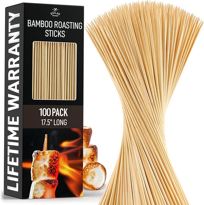 Zulay Kitchen 100 Pack Bamboo Wooden Skewers - 17.5" Marshmallow Roasting Sticks & Barbeque Skewers For Campfire - Authentic Bamboo Sticks & Smores Sticks For Grilling Hotdogs, Kabobs, BBQ, & More