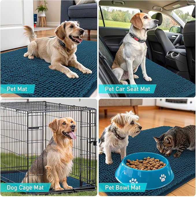 OLANLY Dog Door Mat for Muddy Paws 70x46, Absorbs Moisture and Dirt, Absorbent Non-Slip Washable Doormat, Quick Dry Chenille Mud Mat, Entry Indoor Entryway Carpet for Inside Floor, Atlantic Blue
