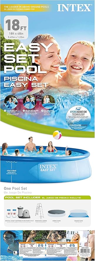 INTEX 26175EH Easy Set Inflatable Swimming Pool Set: 18ft x 48in – Includes 1500 GPH Cartridge Filter Pump – Removable Ladder – Pool Cover – Ground Cloth