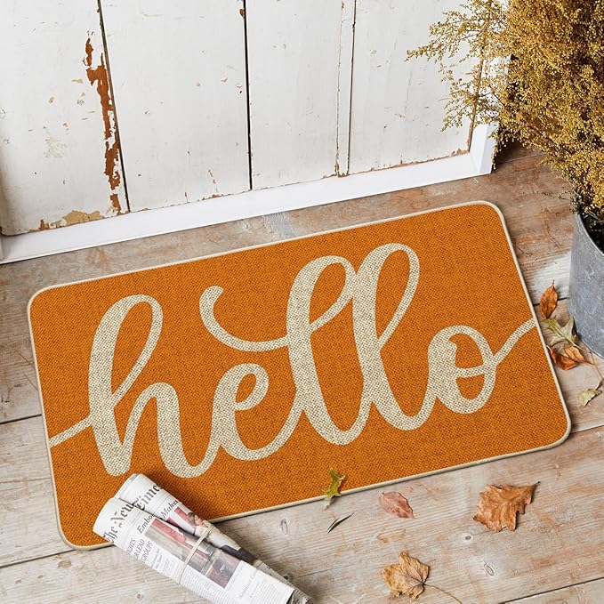 Artoid Mode Orange Hello Fall Doormat, Autumn Home Decor Low-Profile Switch Rug Door Mat Floor Mat for Indoor Outdoor 17x29 Inch