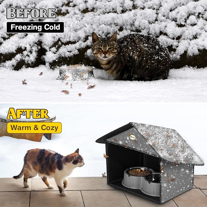 Dreyoo Outdoor Cat Feeding Station for Food & Water, Weatherproof Outdoor Kitty Dining Room Cat Shelter for Stray, Feral Cats and Community Cats, 13”d x 17”w x 15.5'h(1 Pack,Dark Grey)