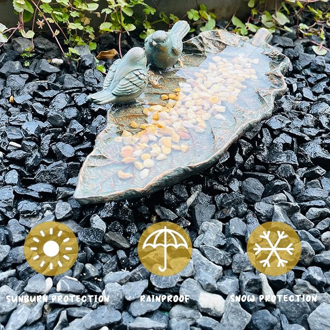 Outdoor Garden Bird Bath Sculpture, Polyresin on Leaf Bird Feeder, Garden Patio Deck Ground Gifts for The Family