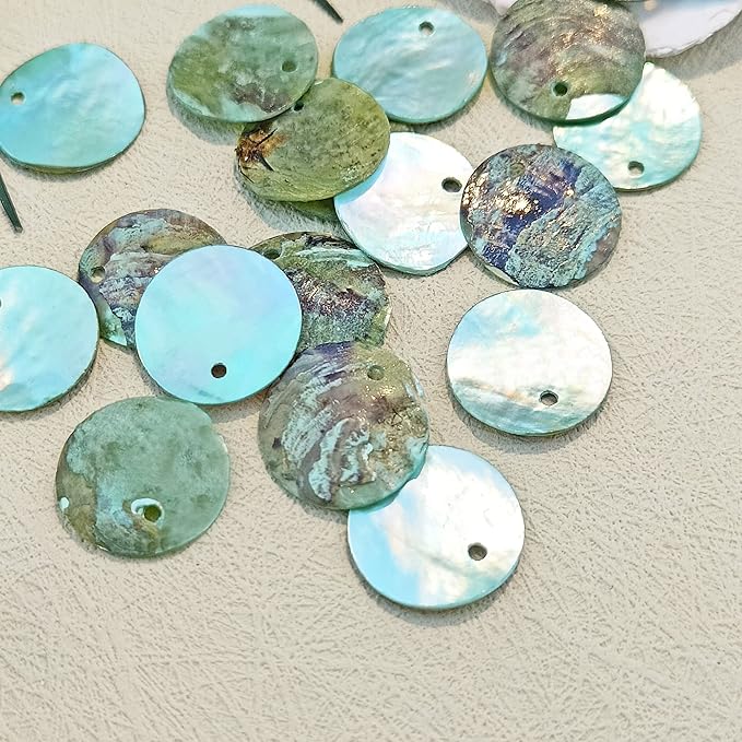 Firstmeet Shell Beads 150pcs Natural 15mm Flat Round Mussel Shell Coin Drop Charm Beads with Iridescent Back for Handcraft Jewelry Making(DIY-1023-Opal Blue-15)