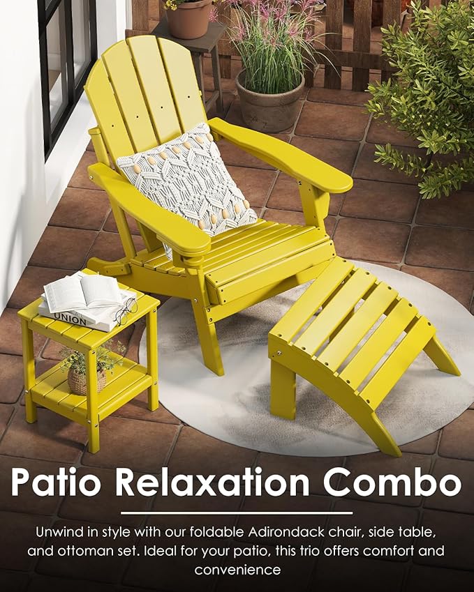 GREENVINES Folding-Adirondack-Chairs-Set-of-2 | HDPE Plastic | Fire Pit Chair | All Weather | Cup Holder | Yellow | for Deck Backyard Patio Outdoor Garden