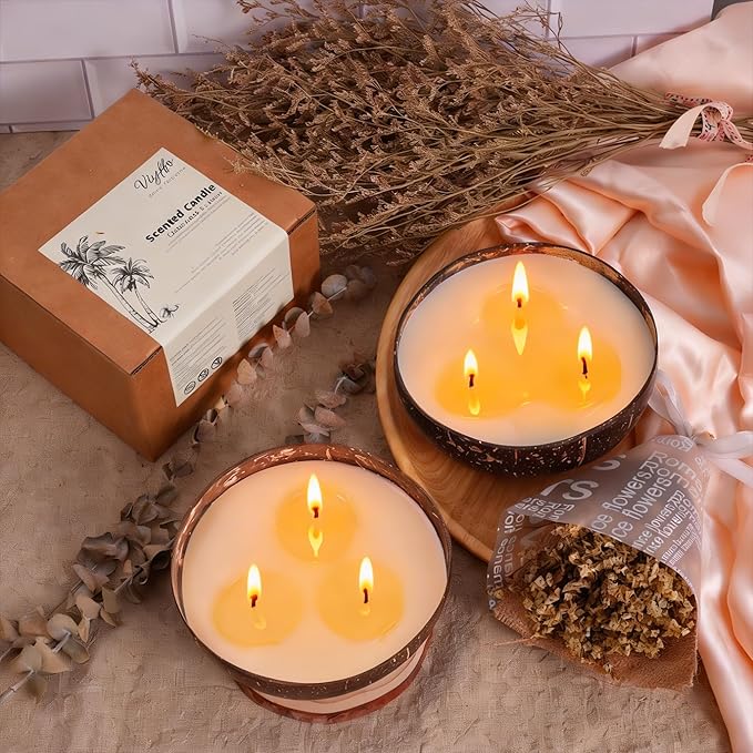 Viyffo Large Lemongrass Citronella Candles Outdoor, 3 Wick 18oz Citronella Candle Indoor, Non Toxic Soy Scented Candle, Natural Coconut Shell Jar for Patio, Garden, Backyard & Camping Décor & Gift