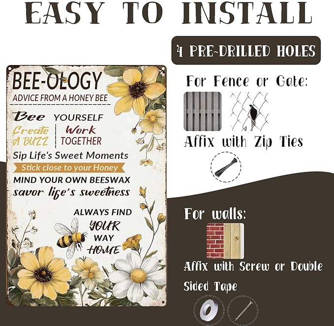 Vintage Garden Metal Tin Signs Bee-ology Advice from a honey Bee Funny Tin Sign Rustic Indoor Outdoor Wall Decor for Home Garden Yard Farmhouse Greenhouse Patio Porch Bar 8×12 Inch