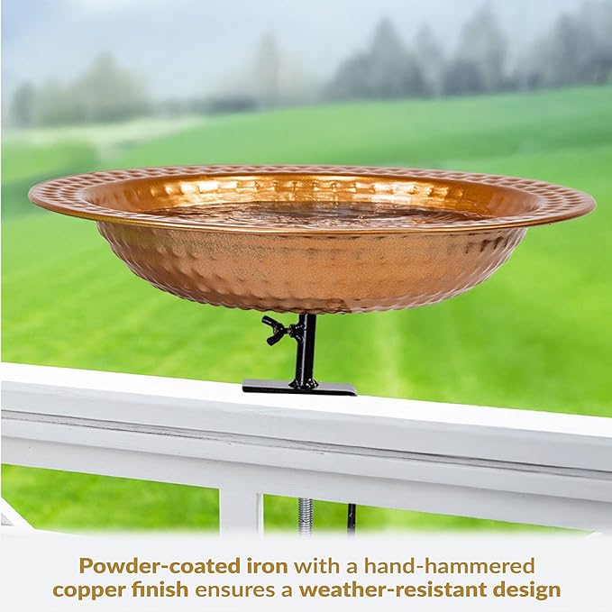 Sunnydaze Copper Bird Bath for Outside - Outdoor Bird Bath for Deck Railing - 12" Diameter
