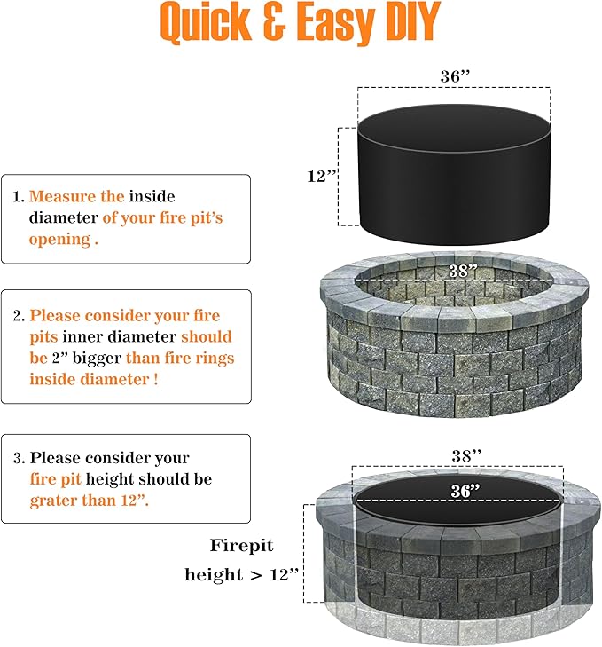 FEBTECH - Fire Rings for Outside Wood Burning Fire Pits - 36" Dia X 12" H - 2mm Thick Steel DIY Firepit Ring Liner - Perfect for Outdoor Garden, Camping & Above or In-Ground Fire Pits