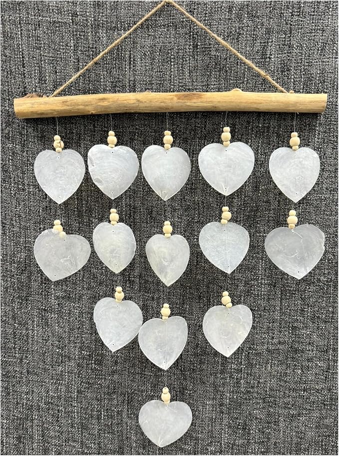 Heart Windchime - XL White Capiz Shell Driftwood Wood Bead Wind Chime Outdoor Garden Patio Decor Gift 24”