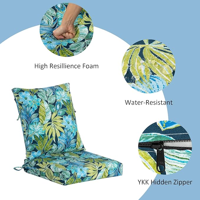 COZYVIDA Outdoor Dining Chair Cushion, Set of 2, 20" x 42",C0 Water-Resistant Breathable Polyester, UV-Resistant 1000+ Hrs, 30D Foam with Recycled Fiber Fill, YKK Zippers, Jungle Floral