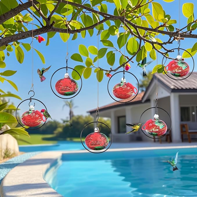 Flexible 6 Pack Hummingbird feeders for Outdoors Hanging Ant and Bee Proof,Detachable Hand Blown Glass Hummingbird Feeder with 6 Adjustable Silicone Perch(Red)