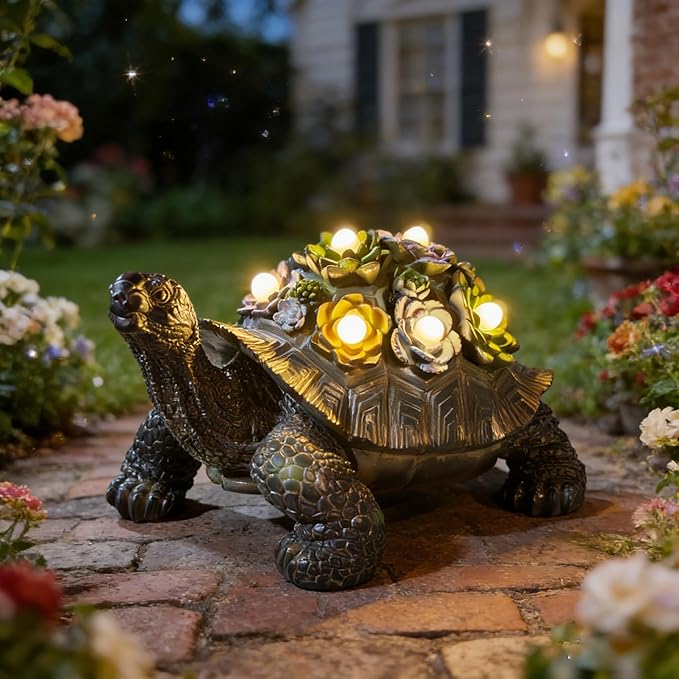 Solar-Powered Succulent Turtle Statue - Resin Garden Decor with LED Lights, Waterproof Outdoor Ornament for Patio, Yard, Lawn - Unique Housewarming Gifts