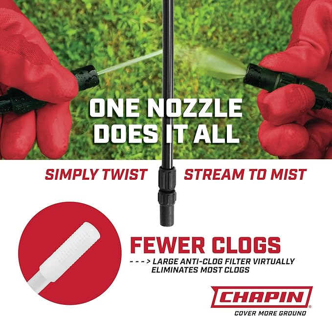 Chapin 20005 Pump Sprayer, 2‑Gallon, Lawn & Garden, Translucent Poly Tank, Funnel‑Top, SureSpray Anti‑Clog Filter, Adjustable Cone Nozzle & 34" Hose for Fertilizer, Weed & Pest Application