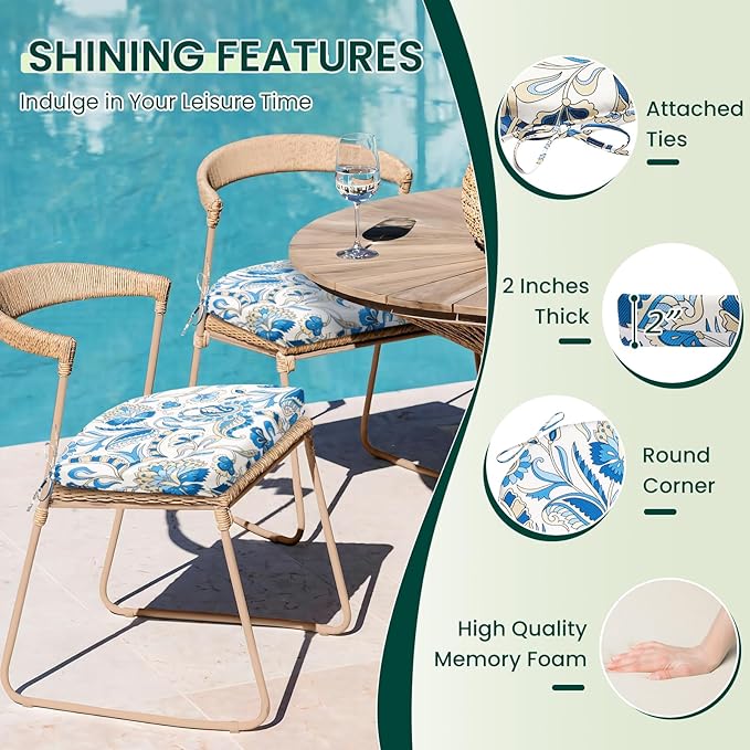 HARBOREST Outdoor Chair Cushions Set of 6, Water Resistant Patio Chair Cushions with Ties, Outdoor Seat Cushions for Patio Furniture, 17"x16"x2", Blue Butterfly