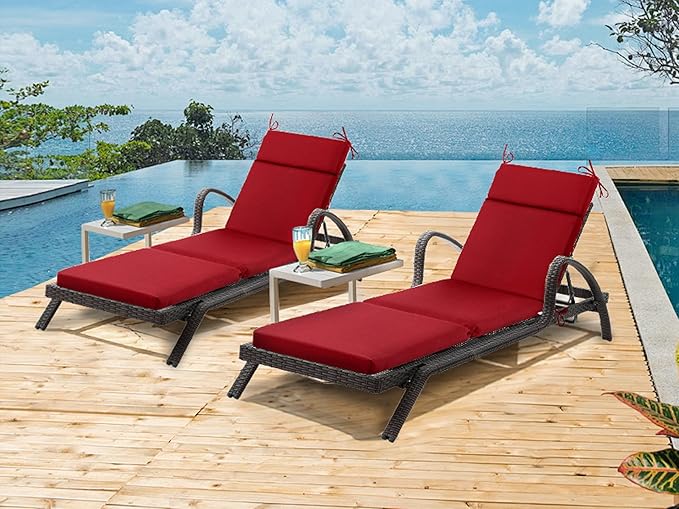 Outdoor Chasie Lounge Tufted Thick Cushion with Ties,Replacement Wicker Chair Cushion for Paito Fruniture,72x21x3inches,All Weather,Burgundy