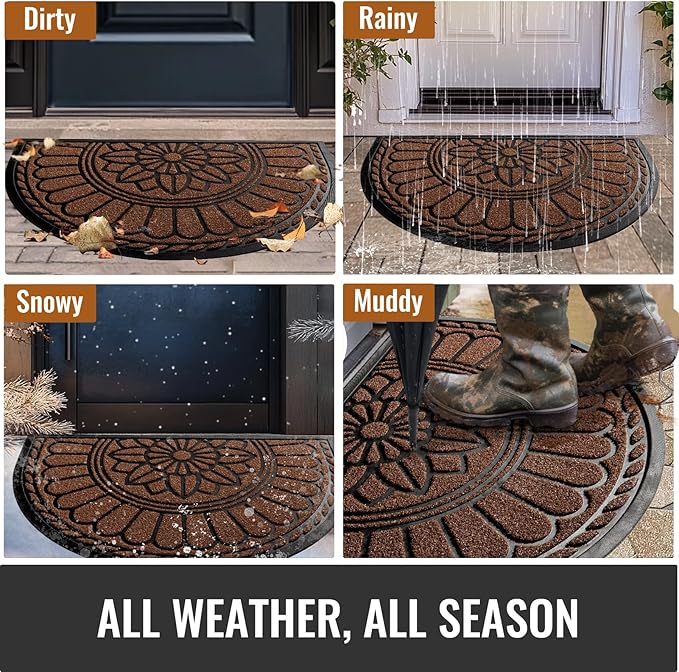 Mibao Front Door Mat Indoor Outdoor Entrance, Semicircular Entrance Mat, Half Round Waterproo Non-Slip Durable Rubber Door Mats, Low Profile Heavy Duty Doormat for Garage, Patio, 30" x 18", Coffee