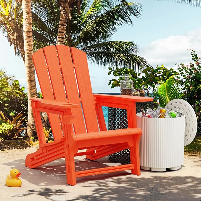 Adirondack Chair, Patio Chairs with Cup Holder, Plastic Adirondack Without Screws Install, Outdoor Funiture for Backyard Garden Lawn Beach, 400 LBS Capacity, Orange