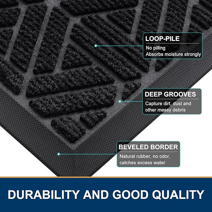 Smiry Front Door Mat Outside Entrance, Heavy Duty Sturdy Natural Rubber Doormat, Trap Dirt and Moisture, Easy Clean Low Profile Mats for Indoor Outdoor Entry, Grid Geometric (59x34, Black)