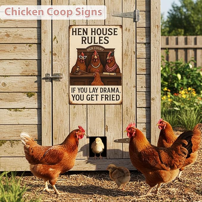 MAMAGIFTREE Chicken Coop/Kitchen Metal Sign Funny Christmas Gifts, “Hen House Rules - If You Lay Drama You Get Fried”, 8x12 Inches Vintage Tin Sign, Farmhouse Wall Decor, Gifts for Chicken Lovers