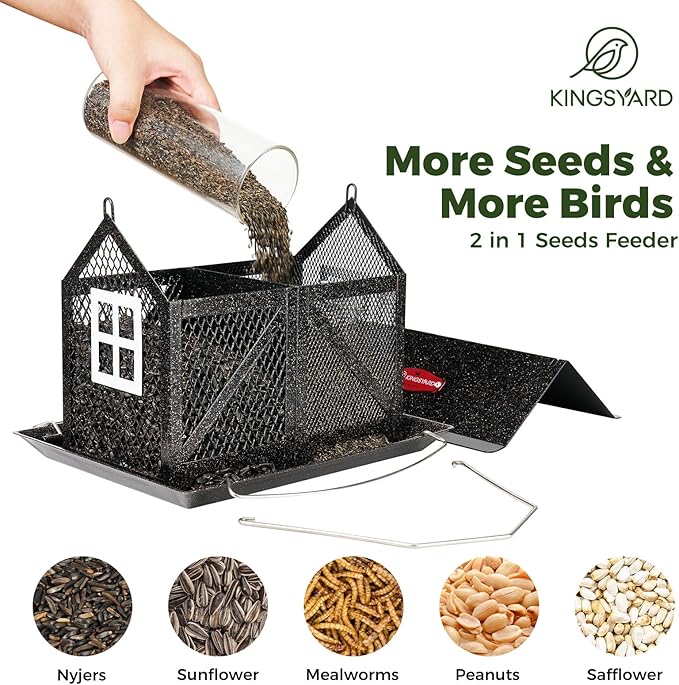 Kingsyard Metal Bird Feeder for Outdoors Hanging, 2-in-1 Wild Bird Feeder with Seed Tray & Built-in Perch, 5 lb Large Capacity for Cardinal Chickadee Finch, Black