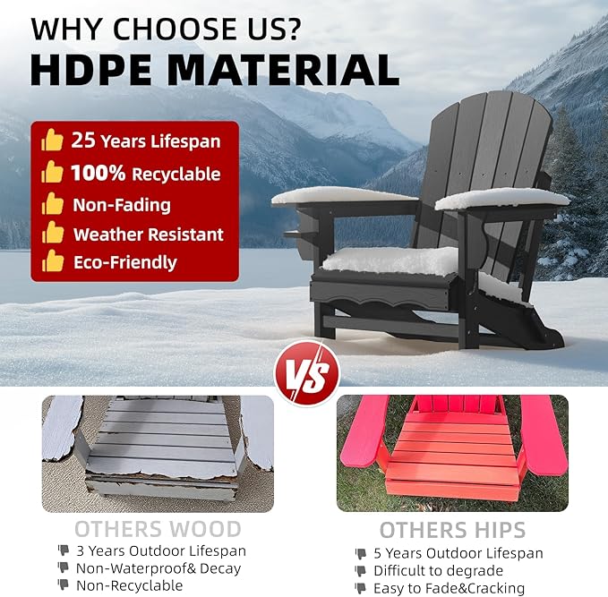 Folding Adirondack Chair, HDPE Plastic Black Adirondack Chairs Weather Resistant, Oversized Outdoor Fire Pit Chairs with Cup Holder and Umbrella Hole for Patio Garden, Lawn and Poolside