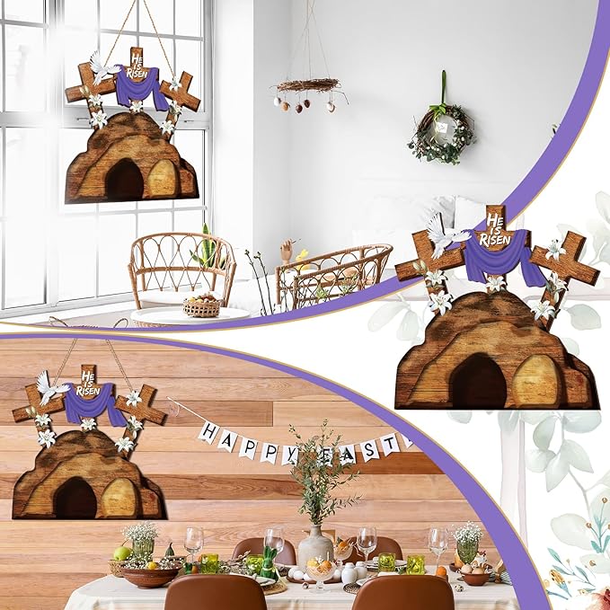 Juexica Easter Cross Door Sign Wall Hanging Decor He is Risen Decorations Religious Wood Hanger for Front Door Porch Home Indoor Outdoor Spring Wall Pediments