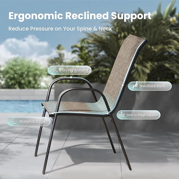 PHI VILLA 5 Piece Outdoor Dining Set with 4 Stackable Patio Chairs and a 37'' Carbon Crystal Patio Table, All Weather Small Patio Furniture Set for Deck Lawn Garden Poolside Backyard
