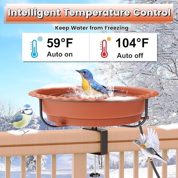 Heated Bird Bath for Outdoors, Upgraded 100W Thermostatically Controlled Heated Bird Baths for Deck Railing Large Capacity Heated Birdbath for Outside Winter Garden Yard Patio Lawn (Brown)
