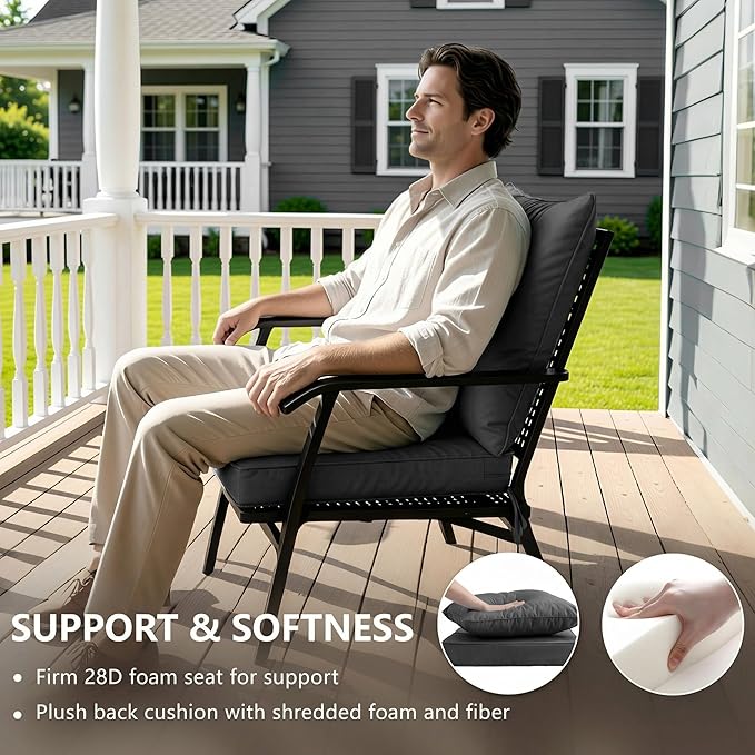22x22 Inch Patio Chair Cushions Set of 4, Outdoor Furniture Cushions - Removable Cover, Water-Repellent, Fade-Resistant, Non-Slip Bottom & Straps, Replacement for Lawn, Porch & Deck Chair - Dark Grey