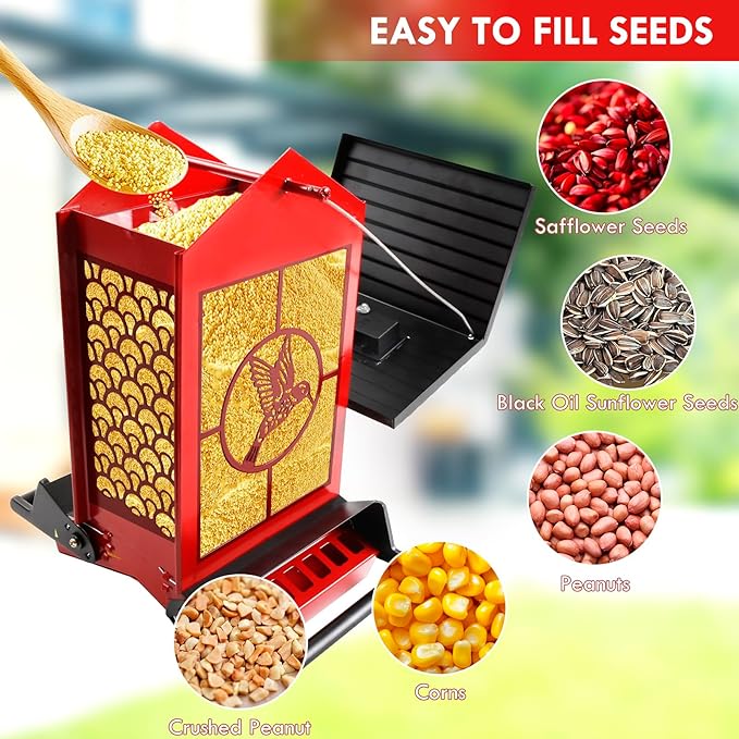 Squirrel Proof Bird Feeder for Outdoors Hanging with Solar Light, 5LB Capacity Metal Feeders, Bilateral Weight Activated Perches, Four Sided Hollow, Ideal for Bird Lovers
