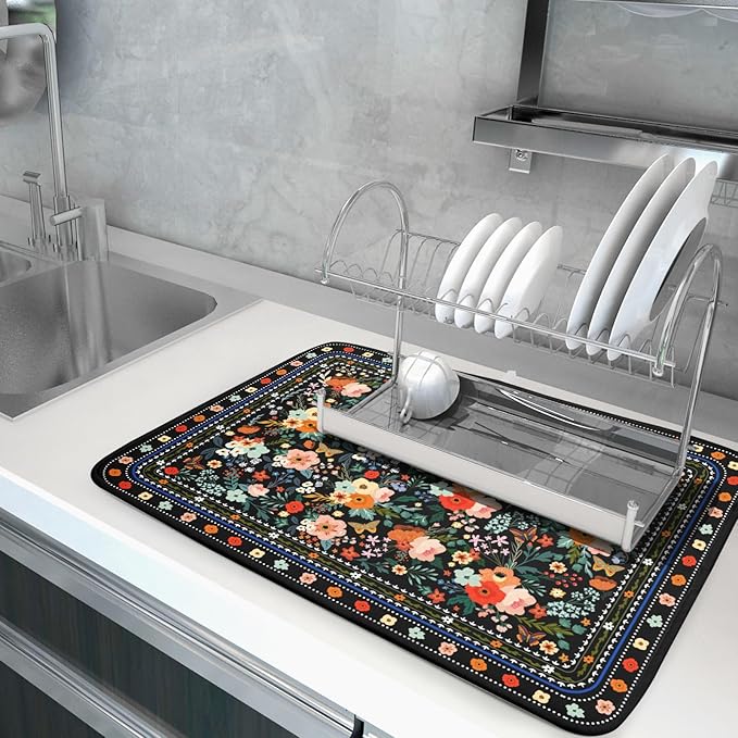 Floral Microfiber Dish Drying Mat Large Absorbent Dish Drainer Rack Pad for Kitchen Counter