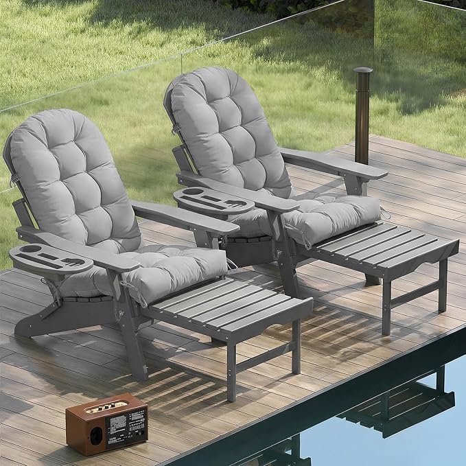 Adirondack Chair Cushion Set of 2, Thickened Patio Chair Cushions with Ties, Waterproof and UV-Protected Rocking Chair Cushion for Indoor and Outdoor, Grey.