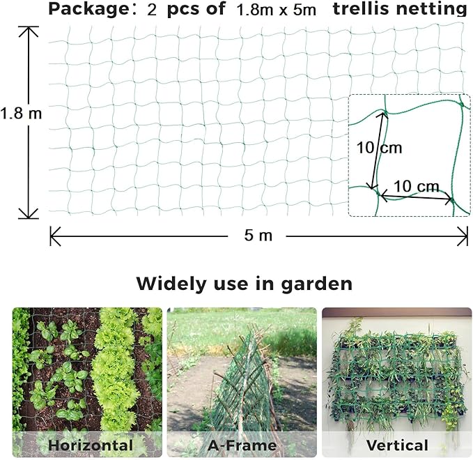 Kikhope Trellis Netting for Climbing Plants, 2 Packs 5.9ft x 16.4ft Heavy Duty Garden Trellis Netting for Cucumber, Vine, Tomato, Plants Trellis Net for Climbing Vine Plants Fruits & Vegetables