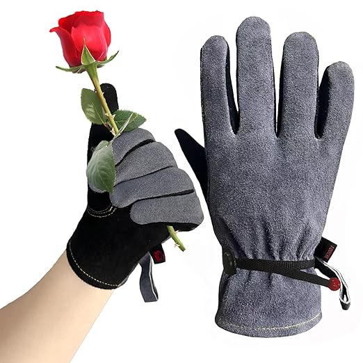 Leather Work Gloves for Women with Cotton Lining, Thorn Proof Gardening Gloves for TIG/MIG Welding, Construction (Black, Large)