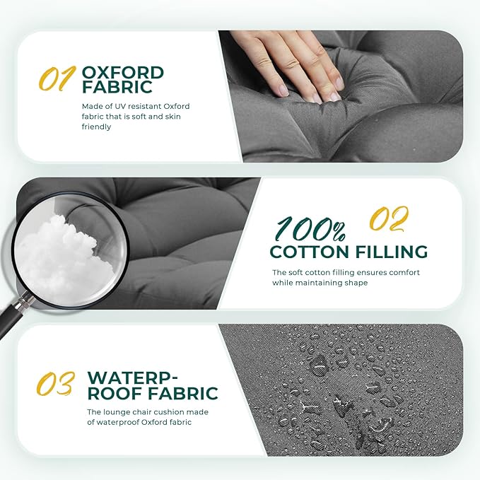 Outdoor Chaise Lounge Chair Cushion Waterproof 74.4 x 22 x 4.7 Inches Lounge Chair Cushions Replacement for Outdoor Furniture with Ties and Pocket, Thickened Pool Lounge Chair Cushions, Grey