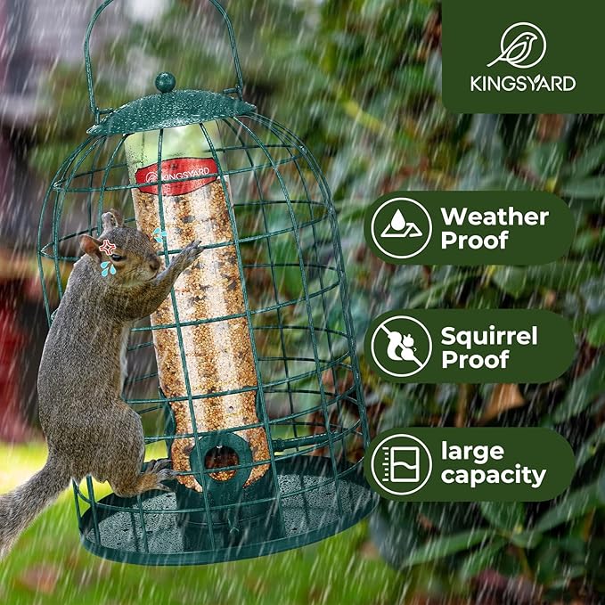 Kingsyard Metal Bird Feeder for Outdoors, Squirrel Proof Caged Tube Feeders Hanging Green, Wild Small Birds Rainproof Station for Garden Yard Seed Easy Clean, Green
